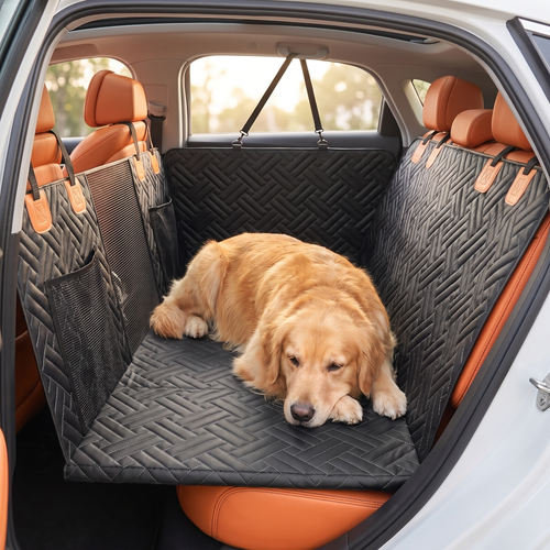 Golden retriever lying stretched out and settled on the flat platform during a car journey