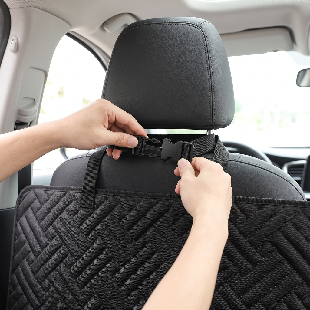 Clipping the adjustable strap over a car headrest during installation