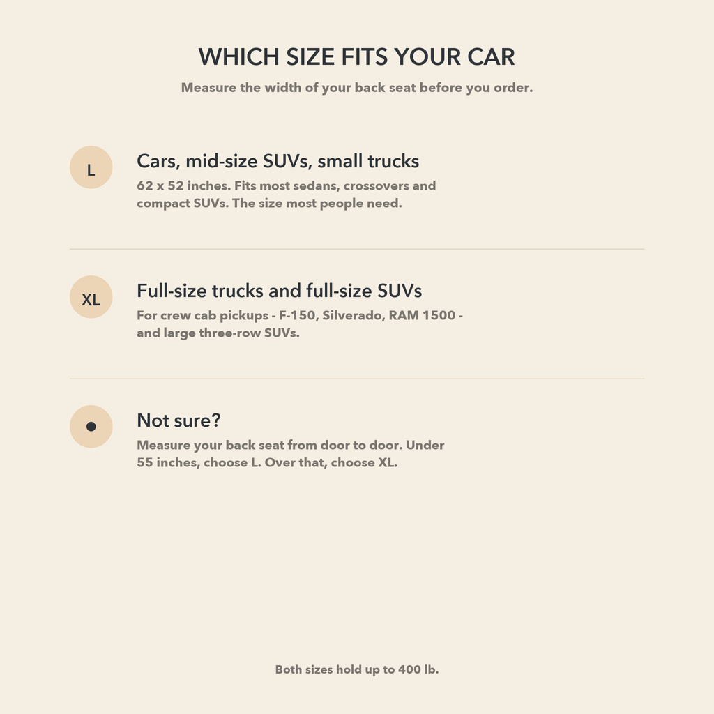 Size guide: L fits cars and mid-size SUVs, XL fits full-size trucks and SUVs